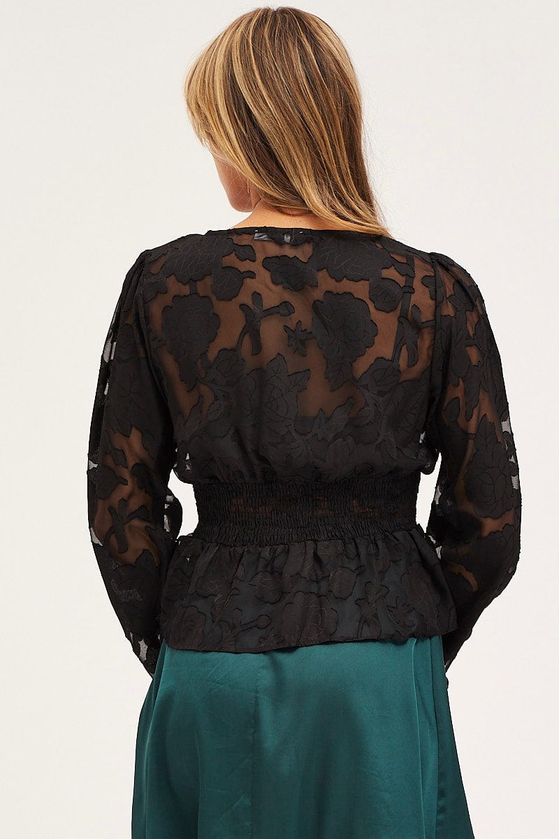 Black Peplum Top Long Sleeve V-Neck