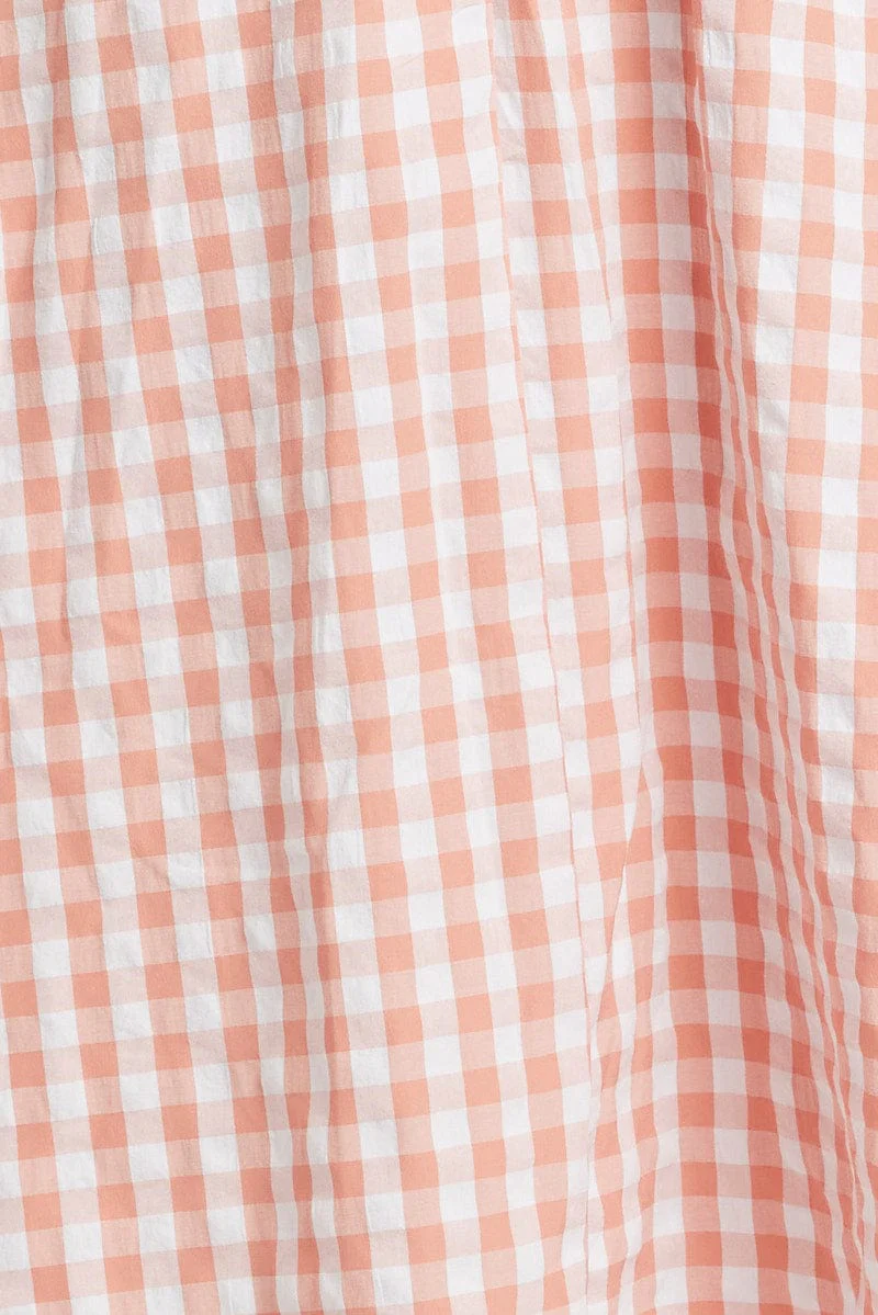 Pink Check Midi Dress Short Sleeve Ruched Bust