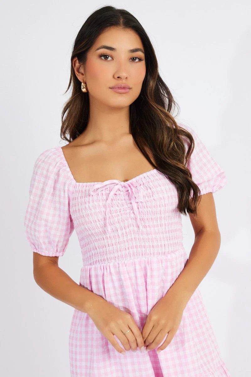 Pink Check Maxi Dress Short Sleeve Shirred