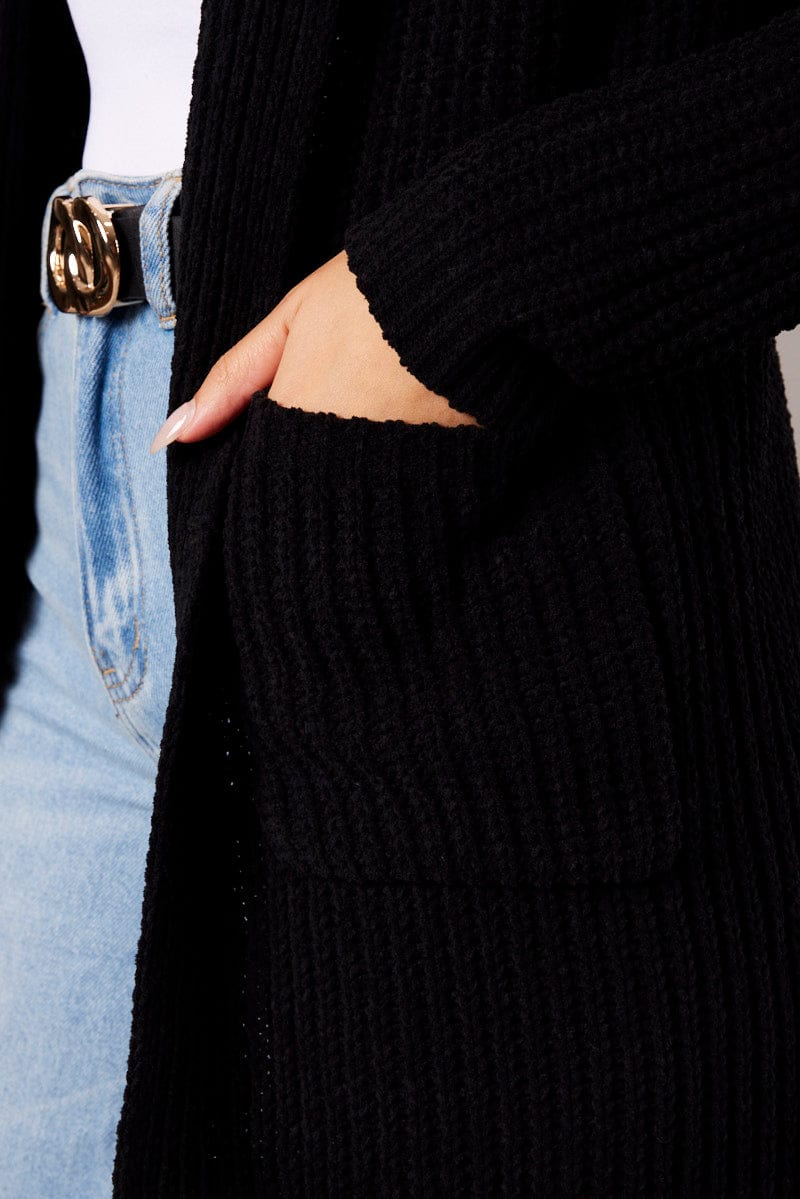 Black Knit Cardigan Hooded Longline Chenille