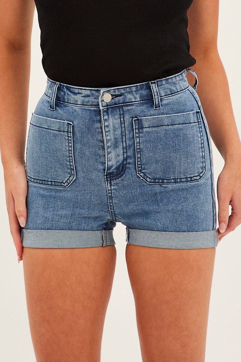 Blue Skinny Denim Shorts High Waist Out Pocket