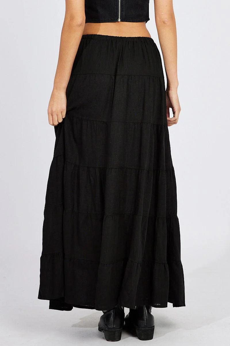 Black Maxi Skirt Tiered High Rise Linen Blend