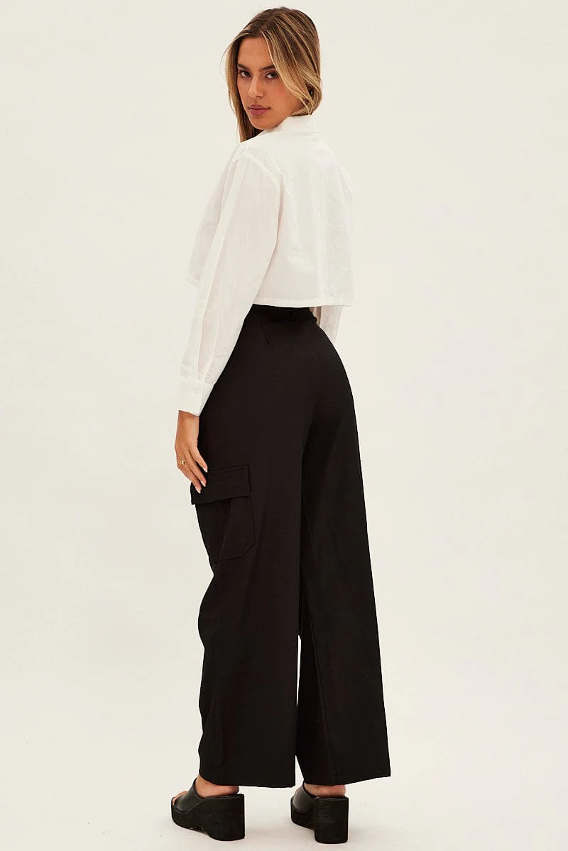 Black Wide Leg Pants High Rise Cargo Tailored