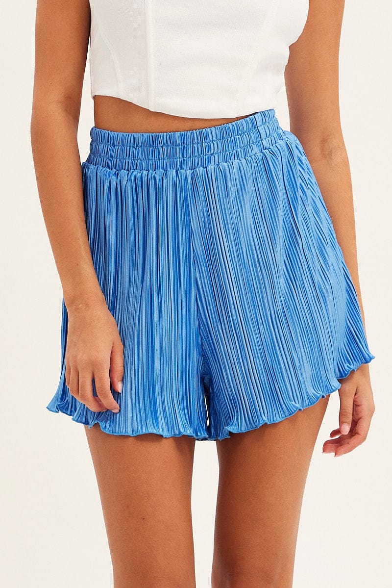 Blue Plisse Shorts High Rise
