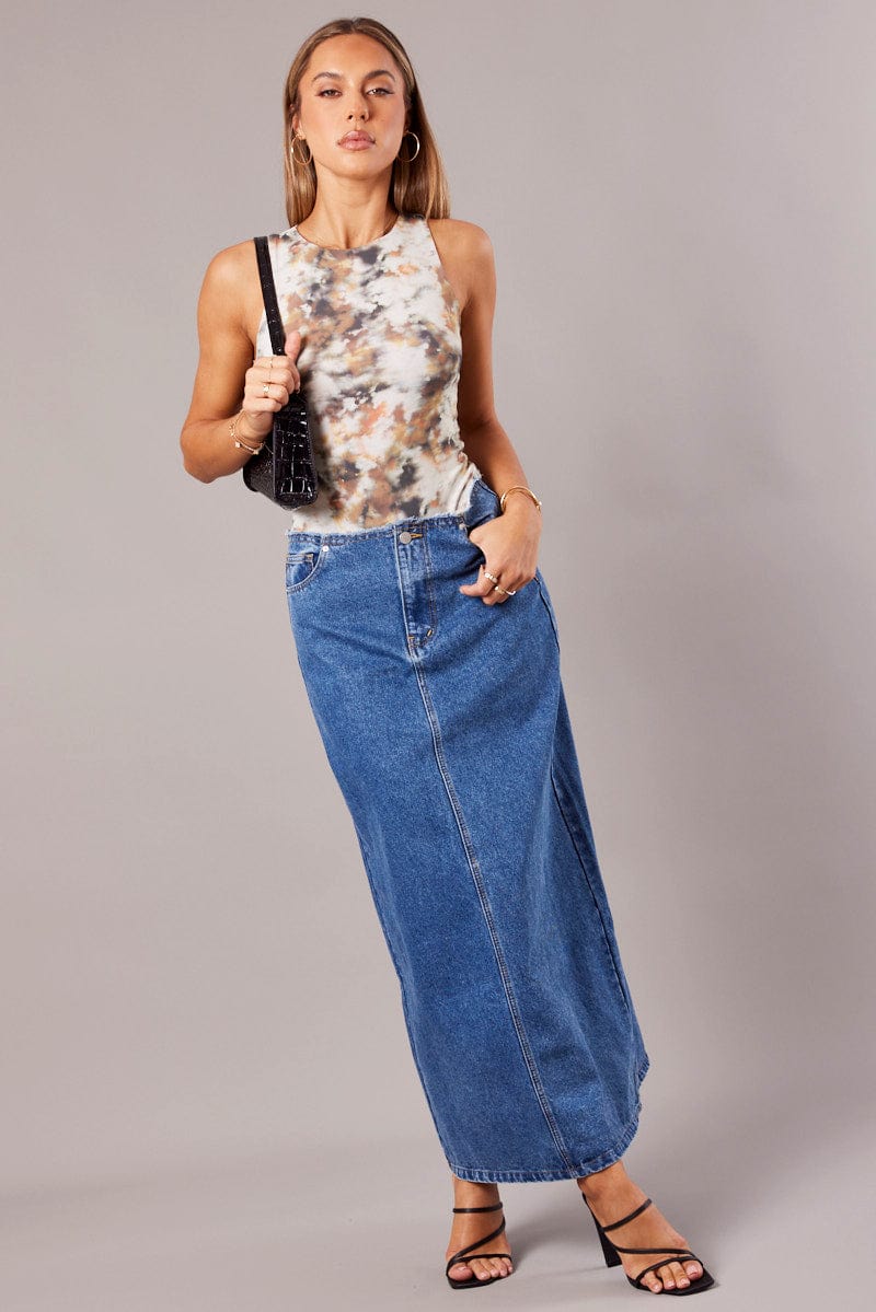 Denim Maxi Skirt High Rise A-line Raw Edge Denim