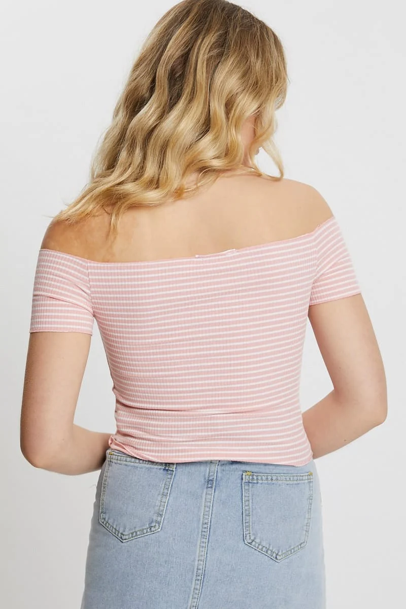 Stripe Ruched Front Stripe Bardot Top