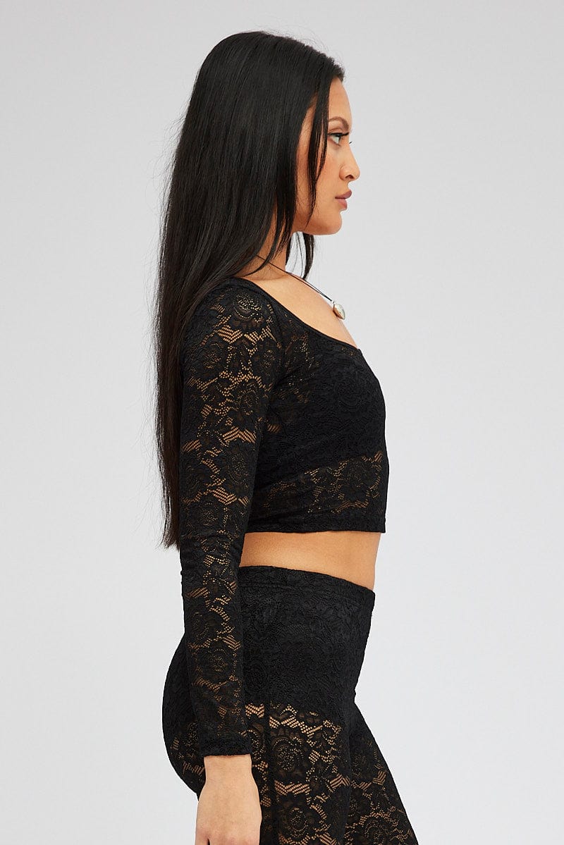 Black Top Long Sleeve Crop Round Neck Lace