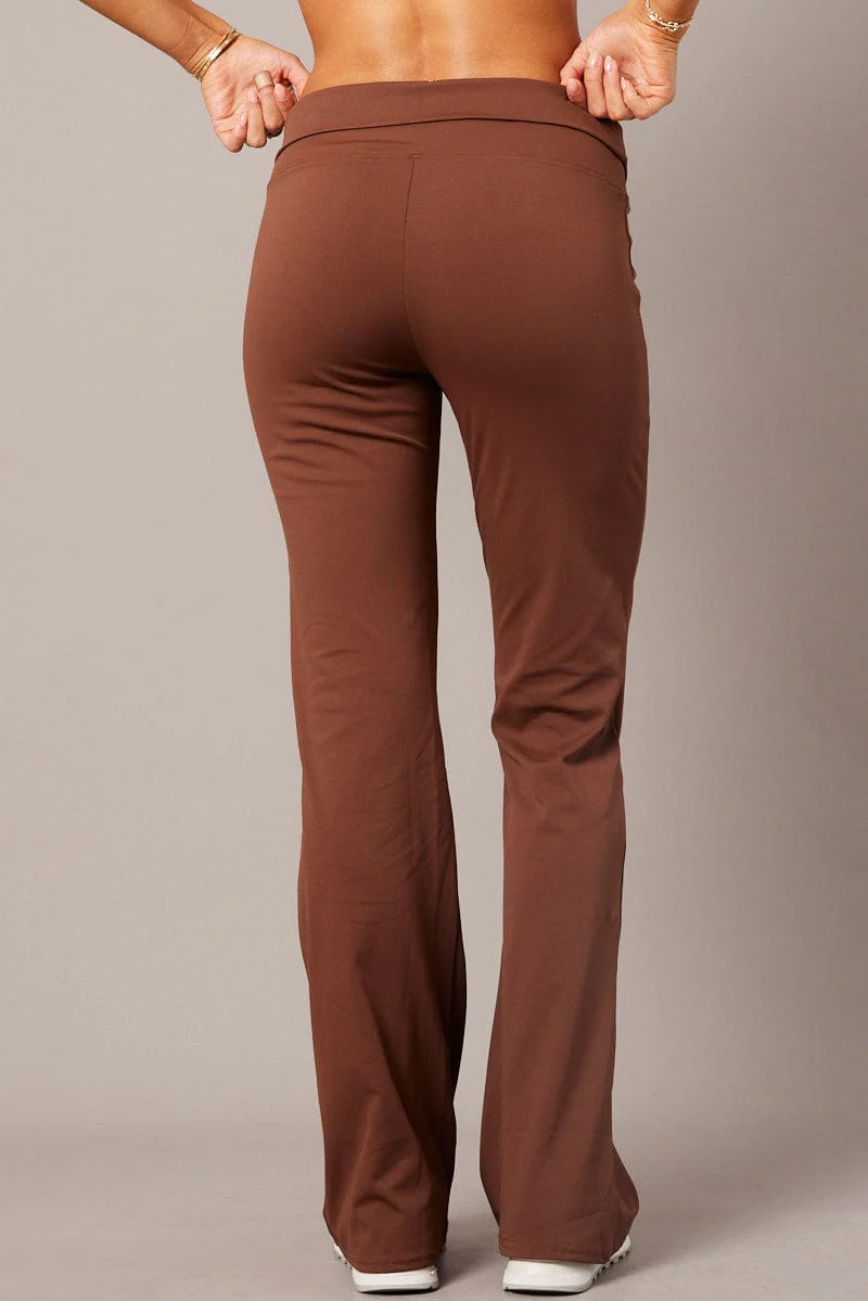 Brown Flared Pants Fold Up Waist Mid Rise