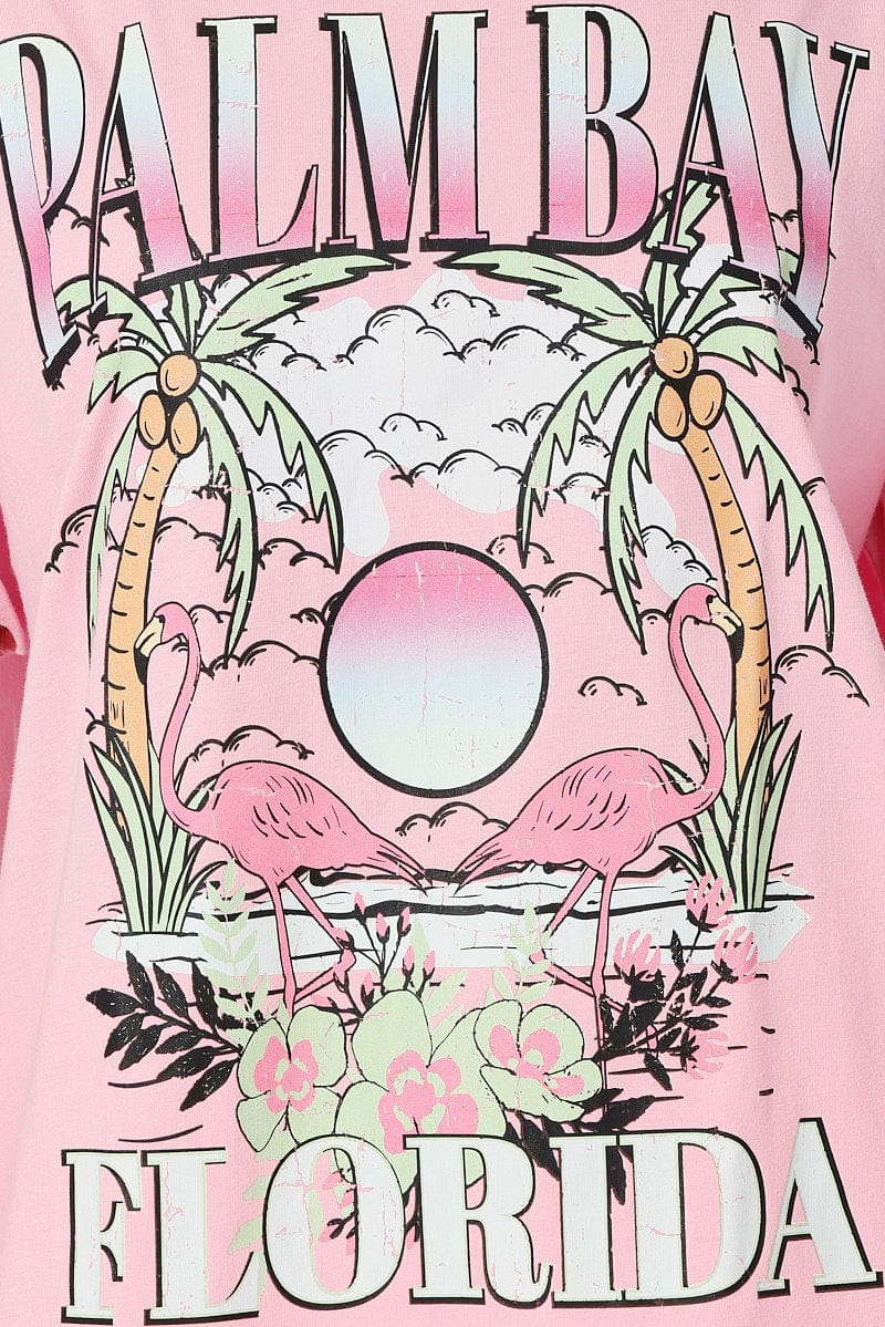 Pink Graphic Tee Tropical Palm Slogan Oversized Tshirt