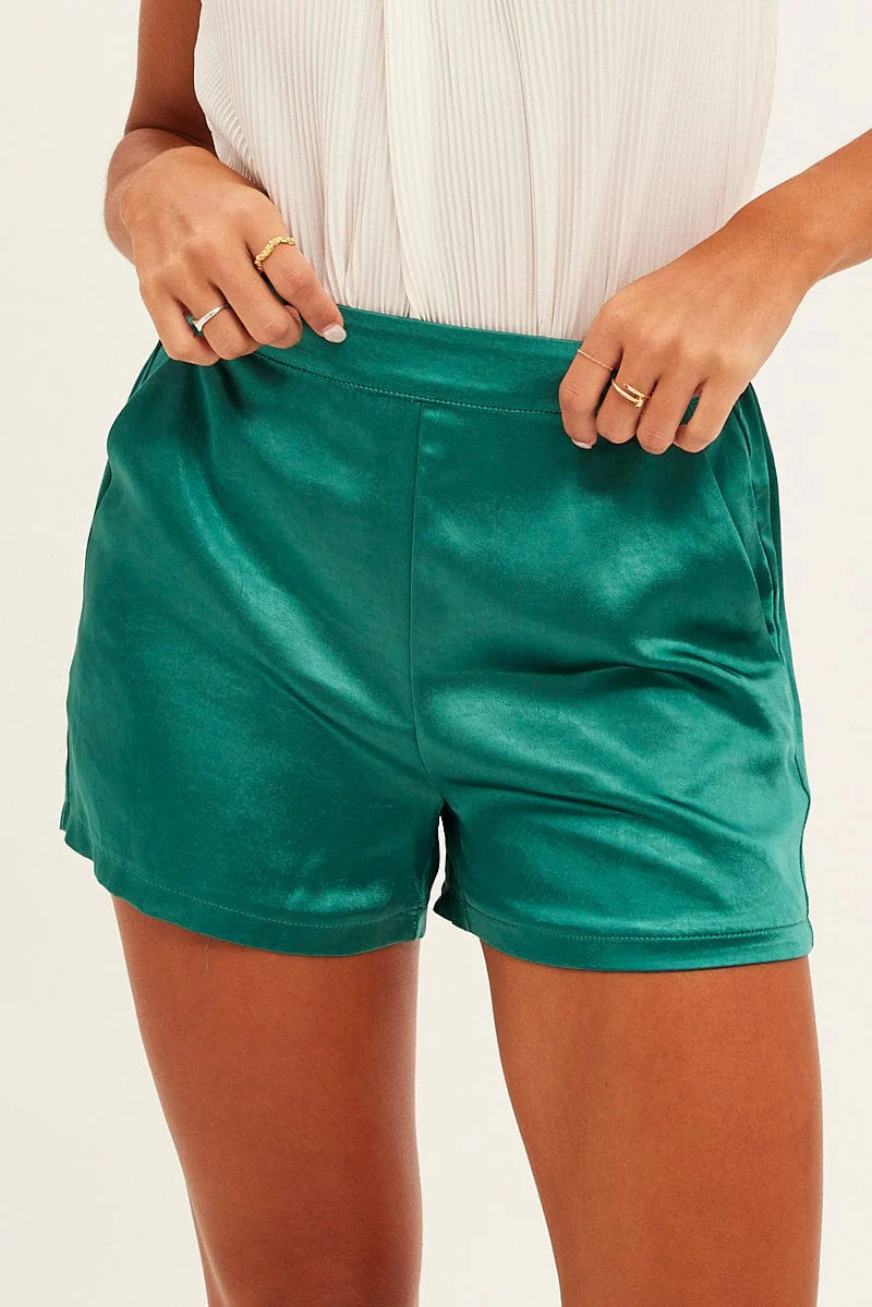 Green High Rise Shorts Satin