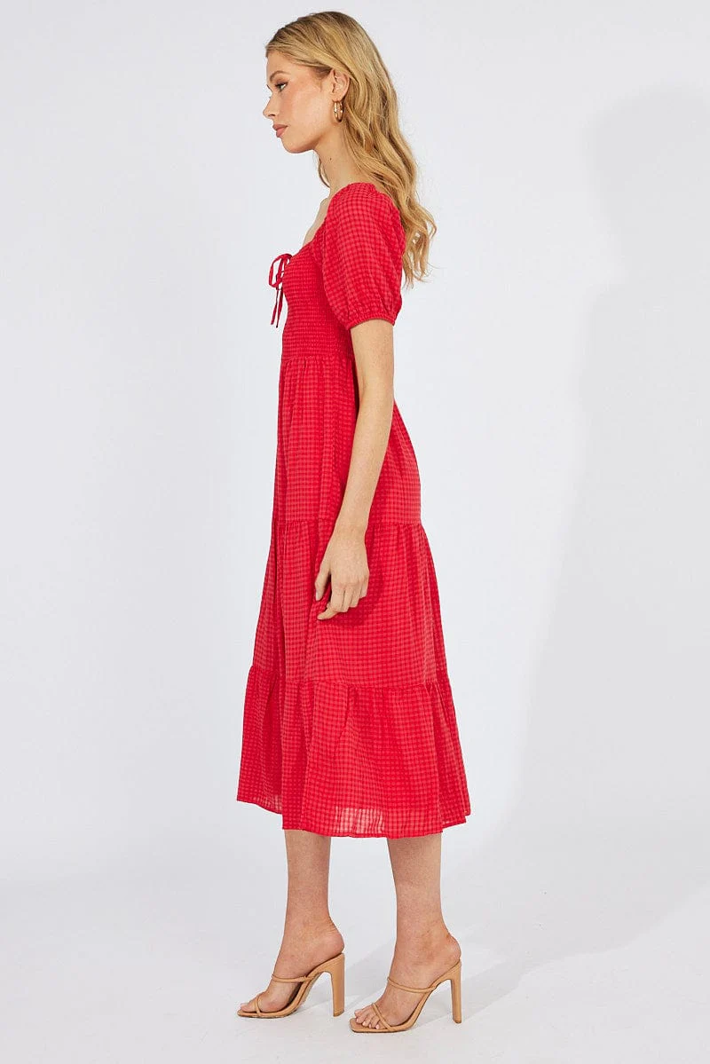 Red Midi Dress Short Sleeve Shirred