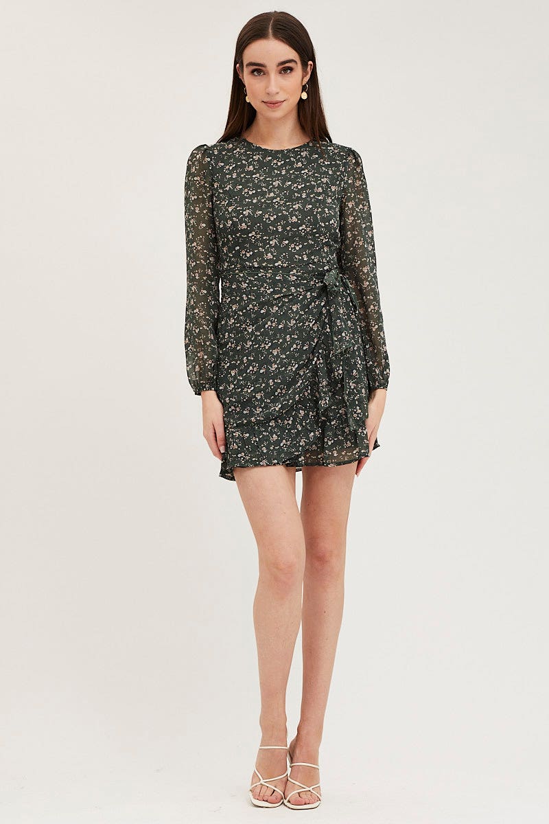 Print Wrap Dress Long Sleeve Mini Ruffle