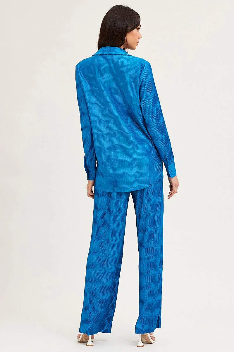 Blue Long Sleeve Plisse Shirt