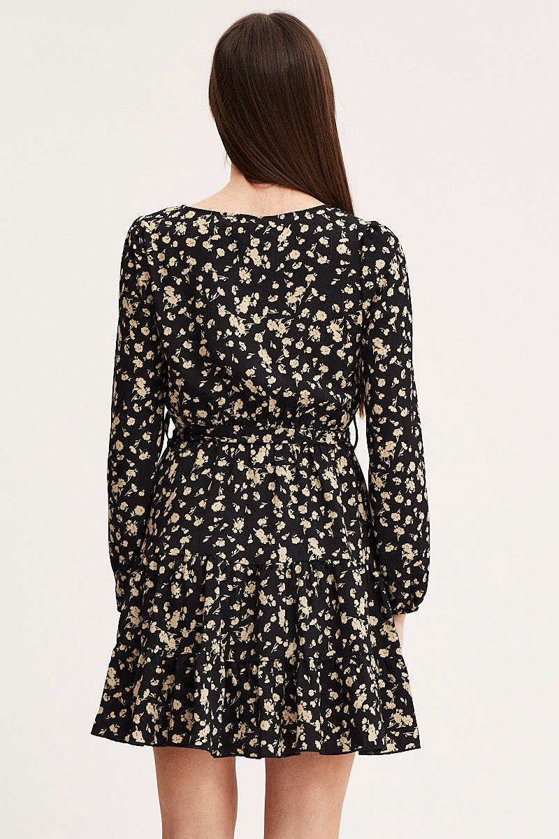 Print Mini Dress Long Sleeve Round Neck