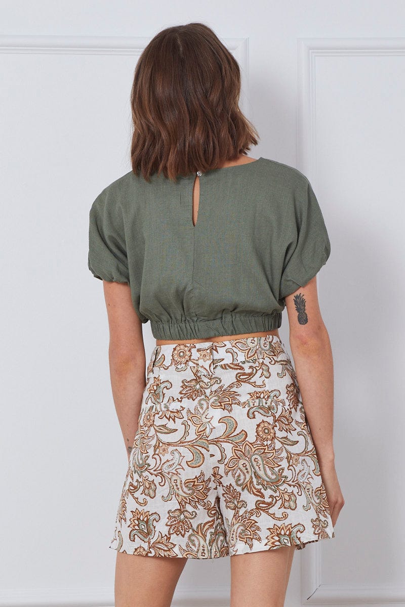 Print Pleated Shorts High Rise Linen