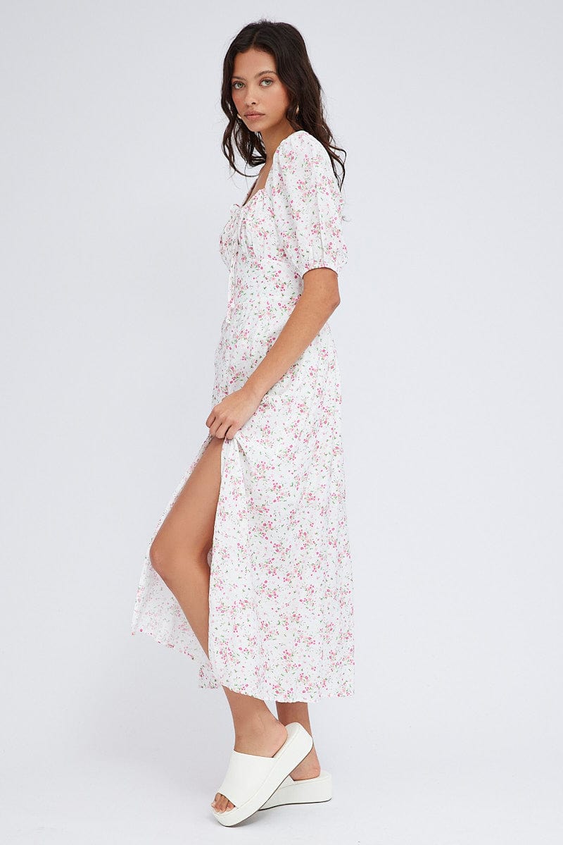 White Floral Midi Dress Short Sleeve Ruched bust