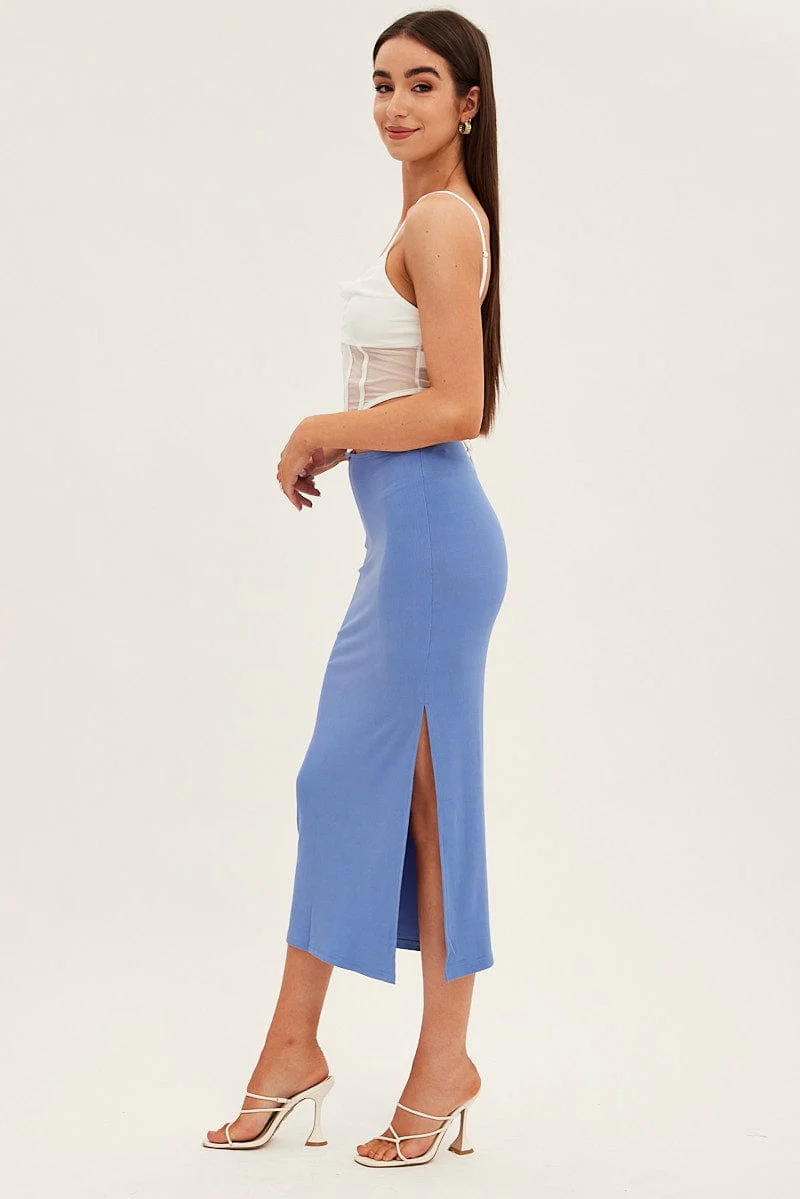 Blue Midi Skirt Bodycon Tie Contrast Ribbed