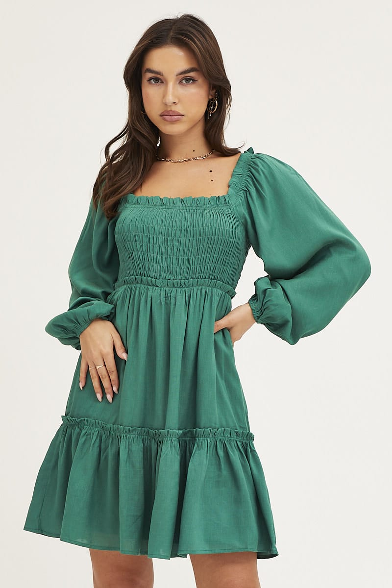 Green Shirred Skater Dress