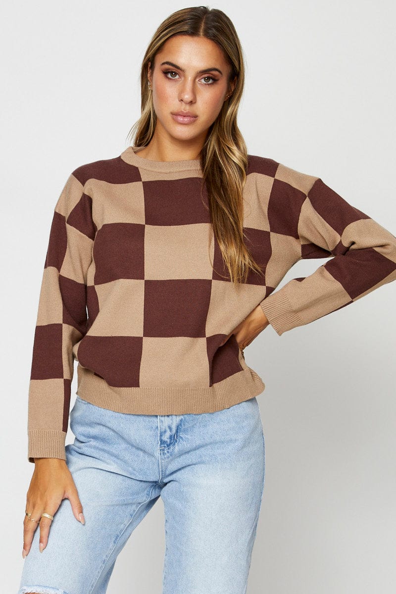 Brown Knit Top Long Sleeve Relaxed Round Neck
