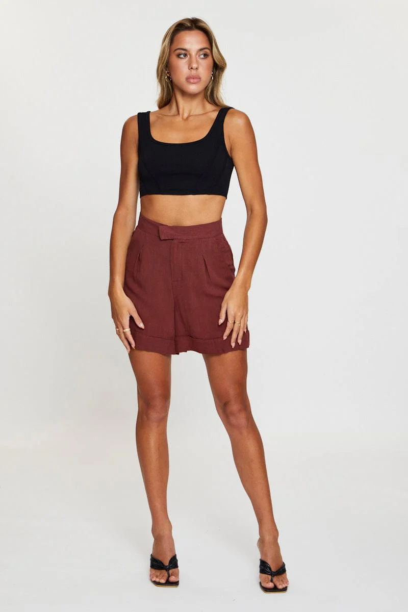 Brown Mini Shorts High Rise Linen Blend