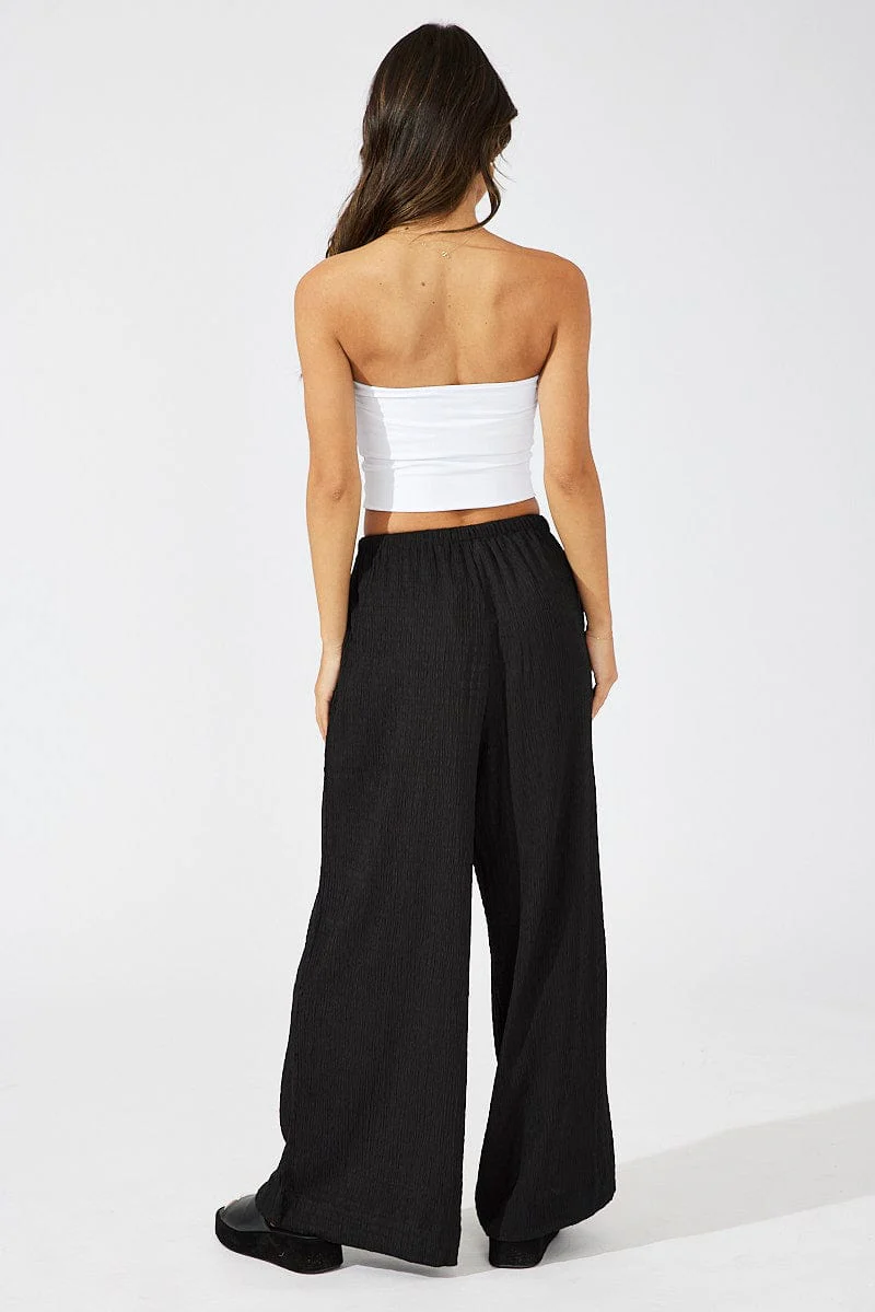 Black Wide Leg Pants High Rise Textured Fabric