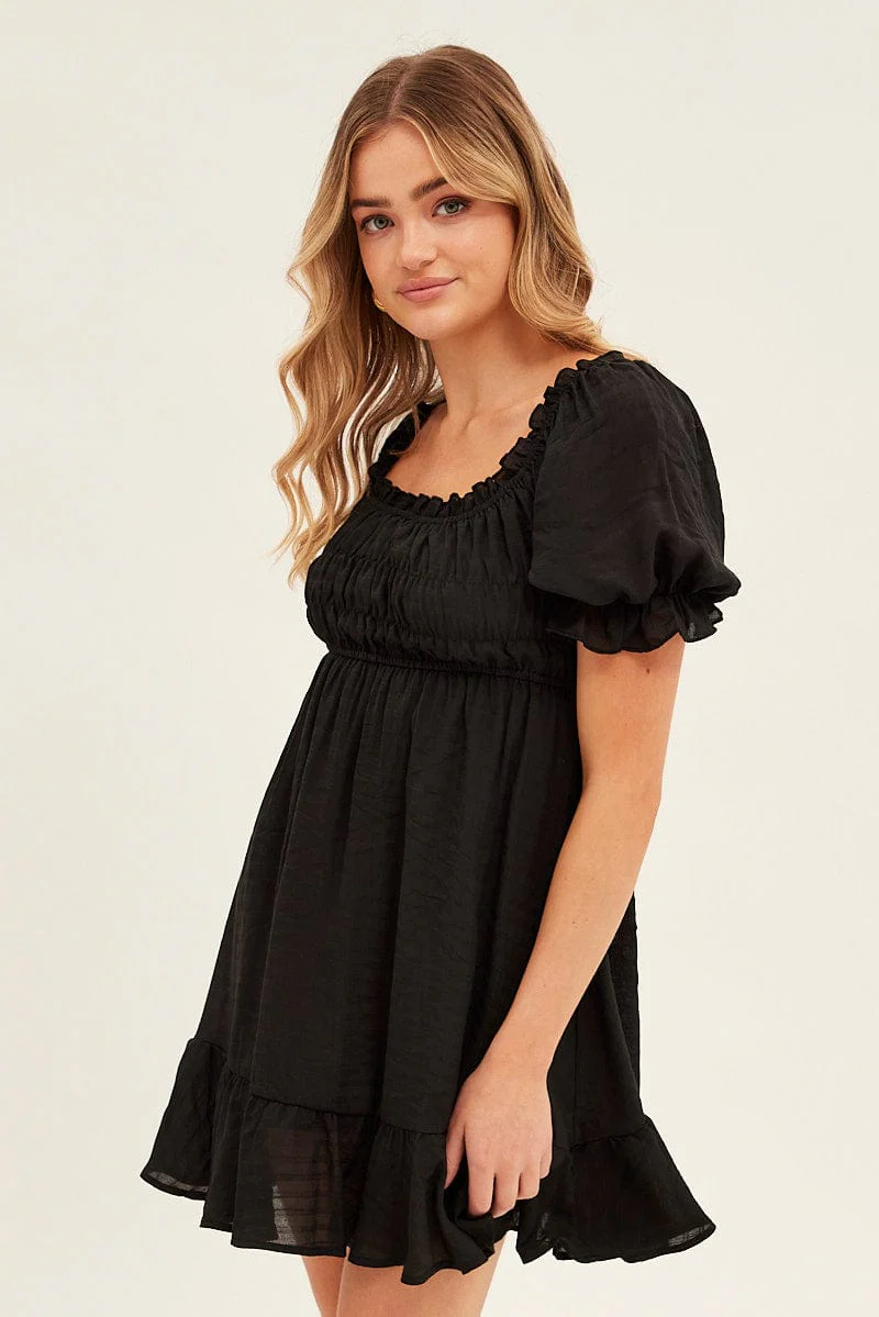 Black Gathered Bust Skater Dress