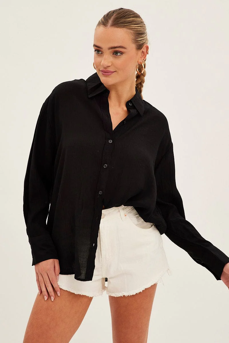 Black Textured Shirt Long Sleeve Collared