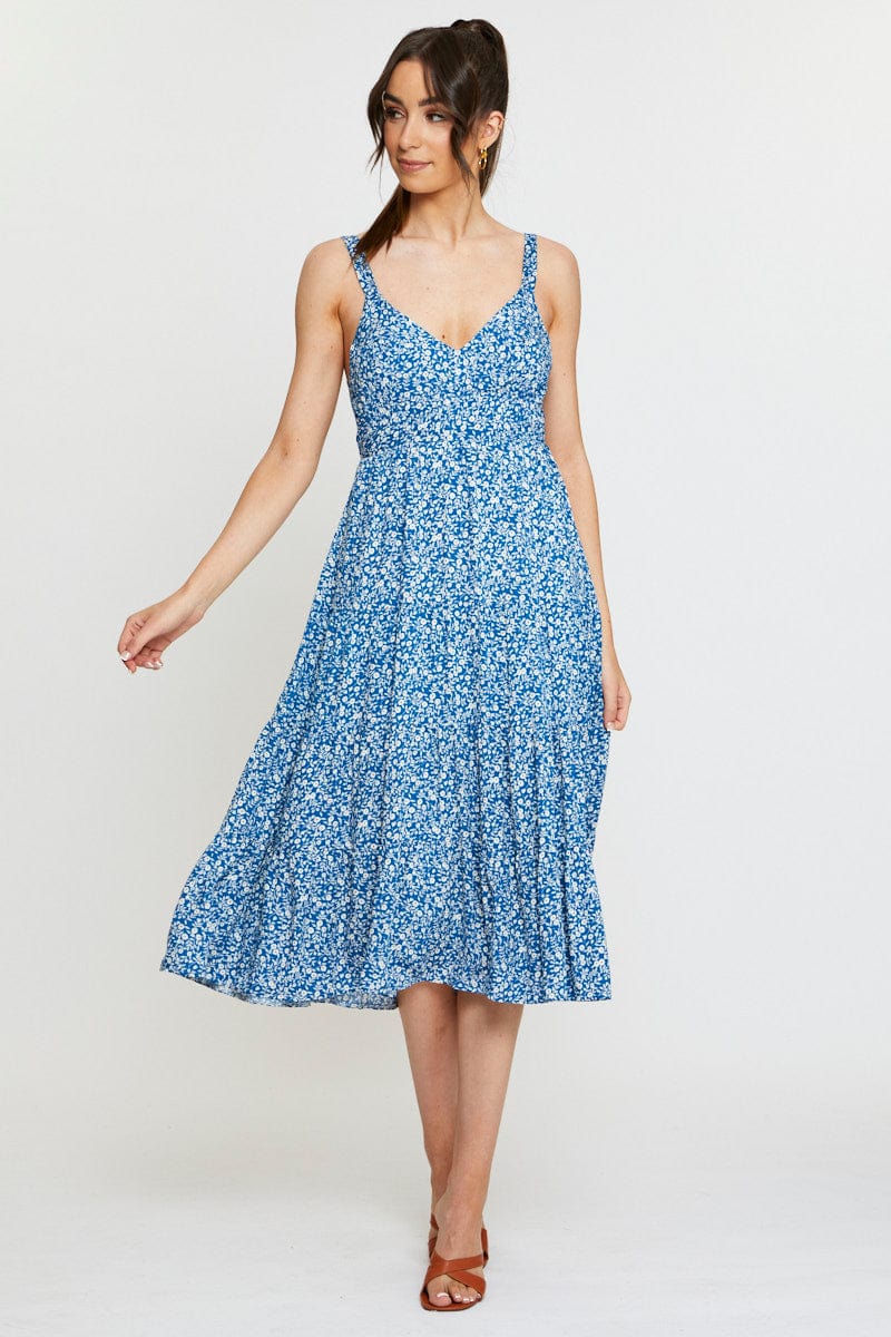 Daisy Print Midi Dress Sleeveless V Neck