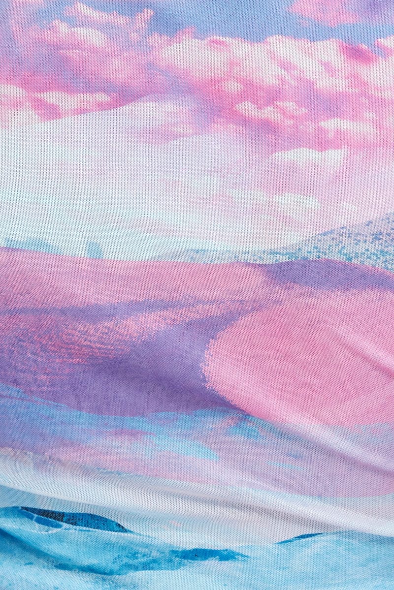 Pink Abstract Mini Dress Long Sleeve Crew Neck Ruched Waist Mesh