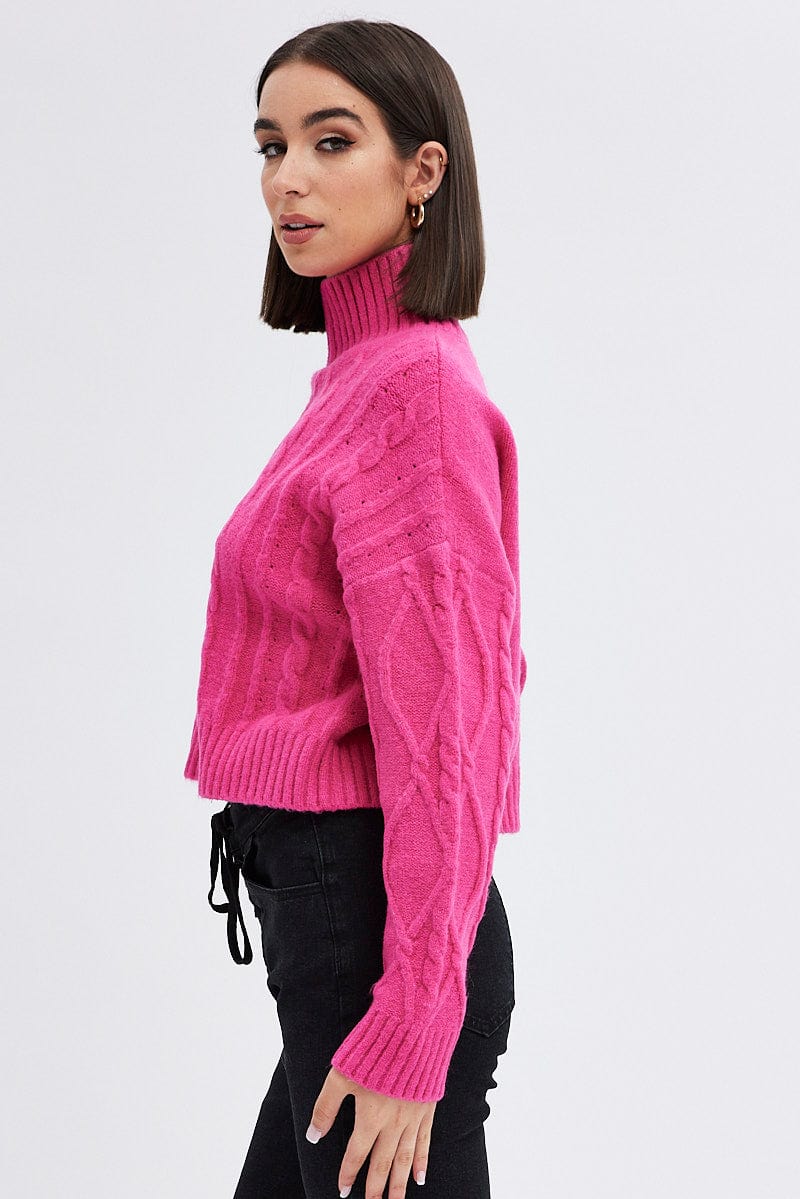 Pink Cable Knit Jumper High neck