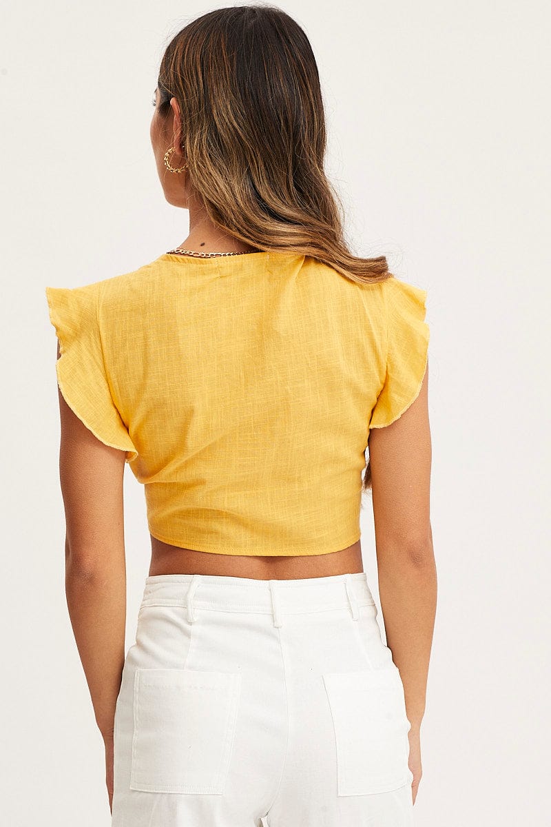 Yellow Crop Top Short Sleeve Tie Front