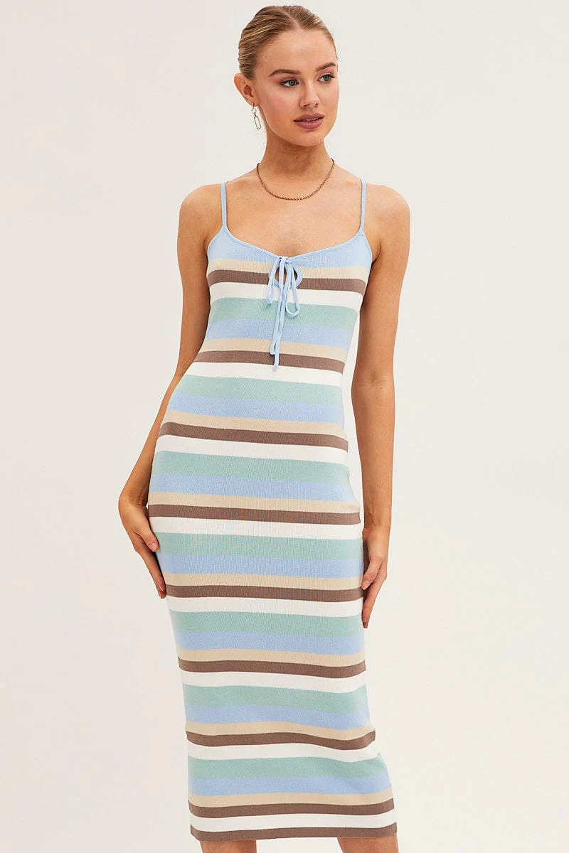Blue Stripe Bodycon Dress Midi Sleeveless Knit