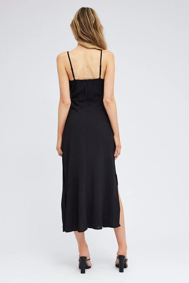 Black Midi Dress Gathering Bust Sleeveless