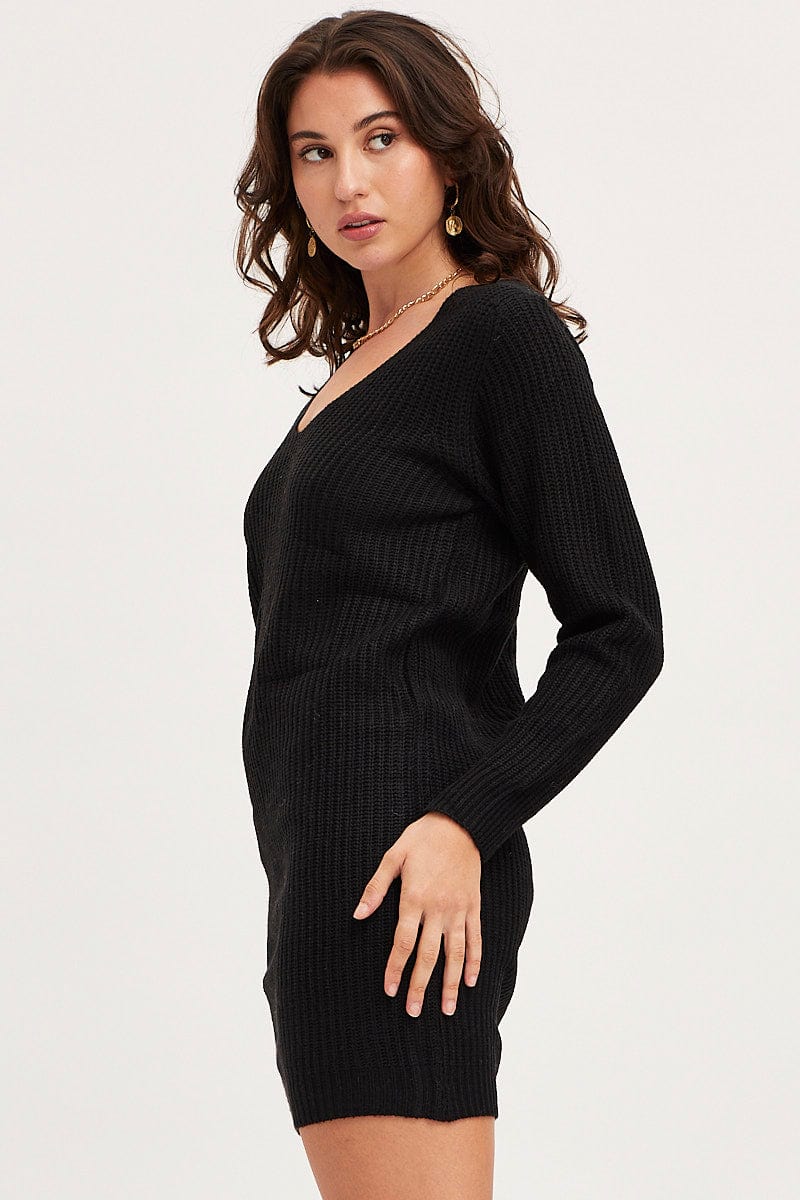 Black Dress Long Sleeve Mini V Neck Knit