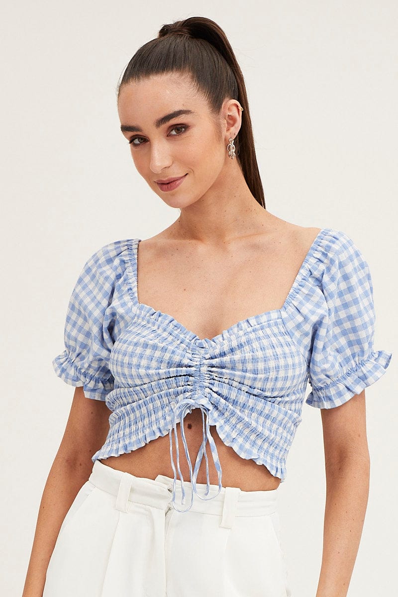 Check Crop Top Short Sleeve Sweetheart Ruched Front