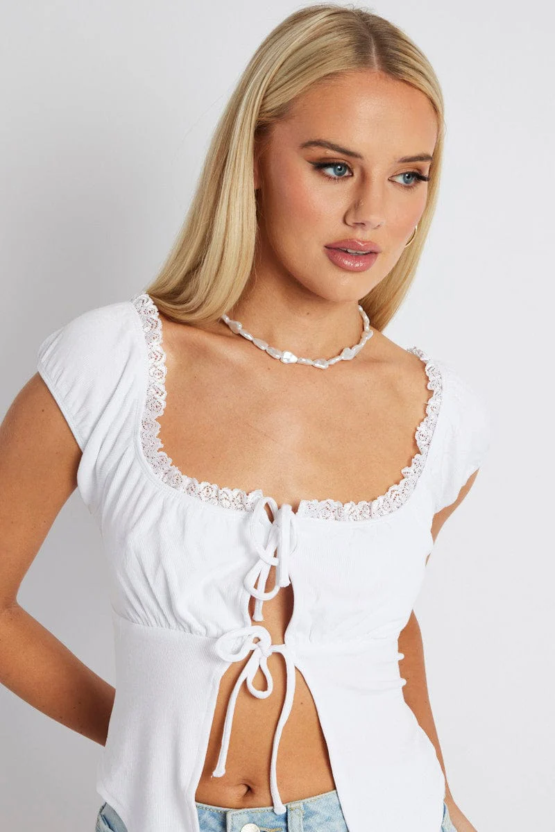 White Front Tie Top Short Sleeve Rib