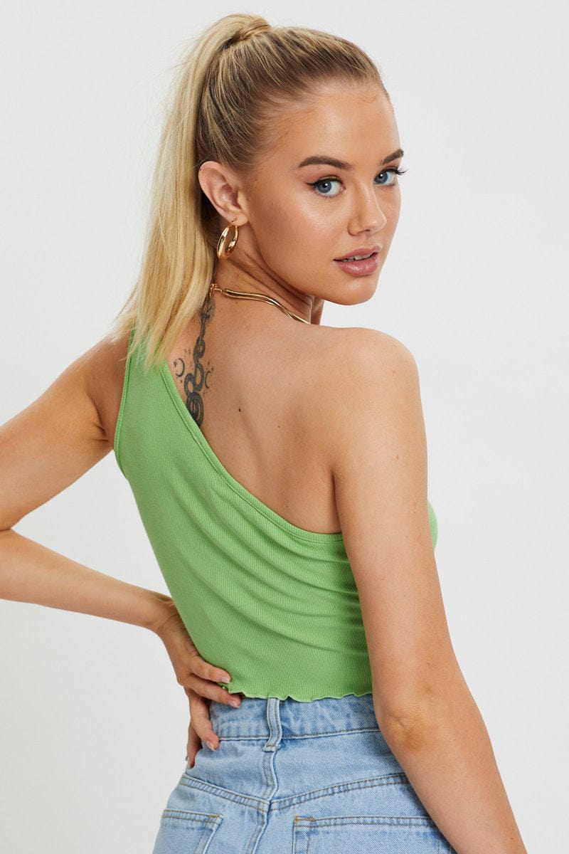 Green Lettuce Hem One Shoulder Ribbed Top