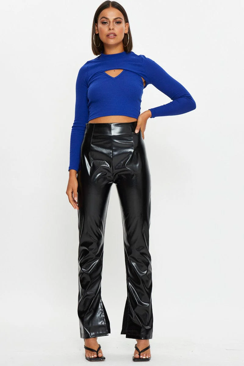 Black Faux Leather Side Split Pants