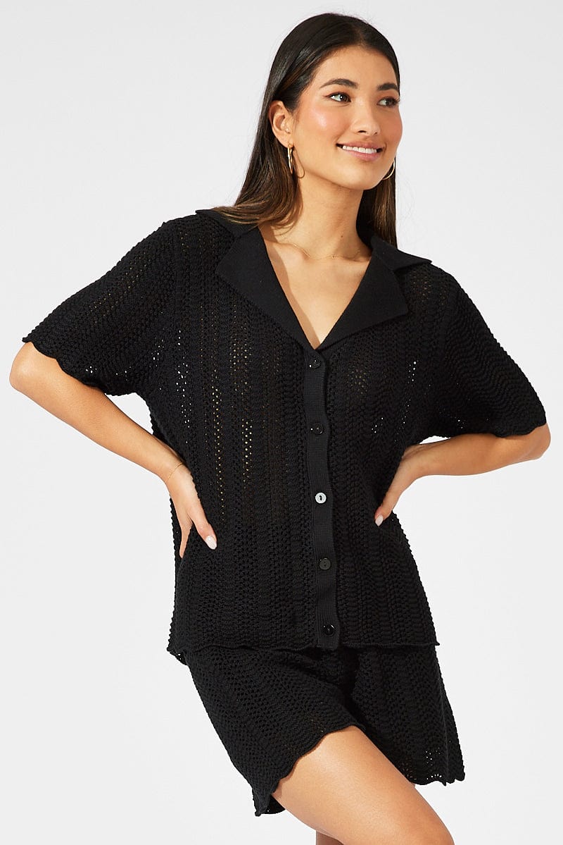 Black Collared Knit Top Short Sleeve Button Up