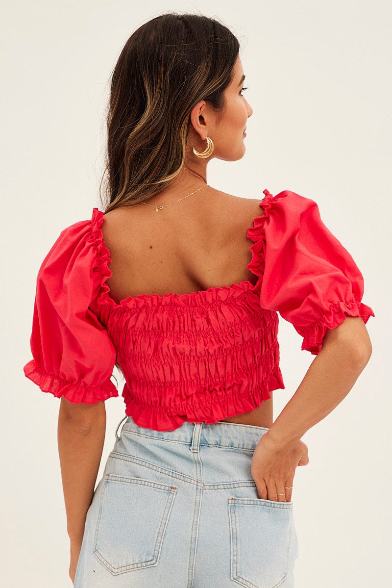 Red Crop Top Short Sleeve Square Neck Linen Blend