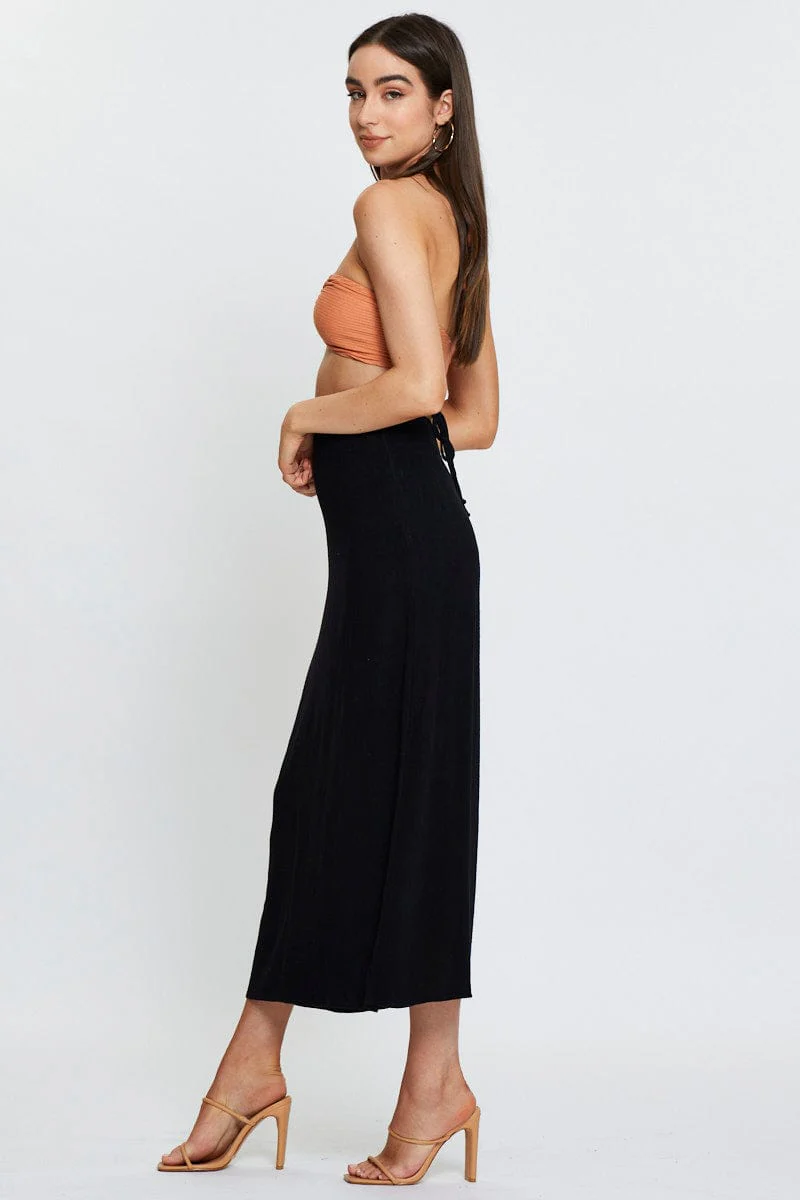 Black Linen Blend Wrap Tie Waist Maxi Skirt