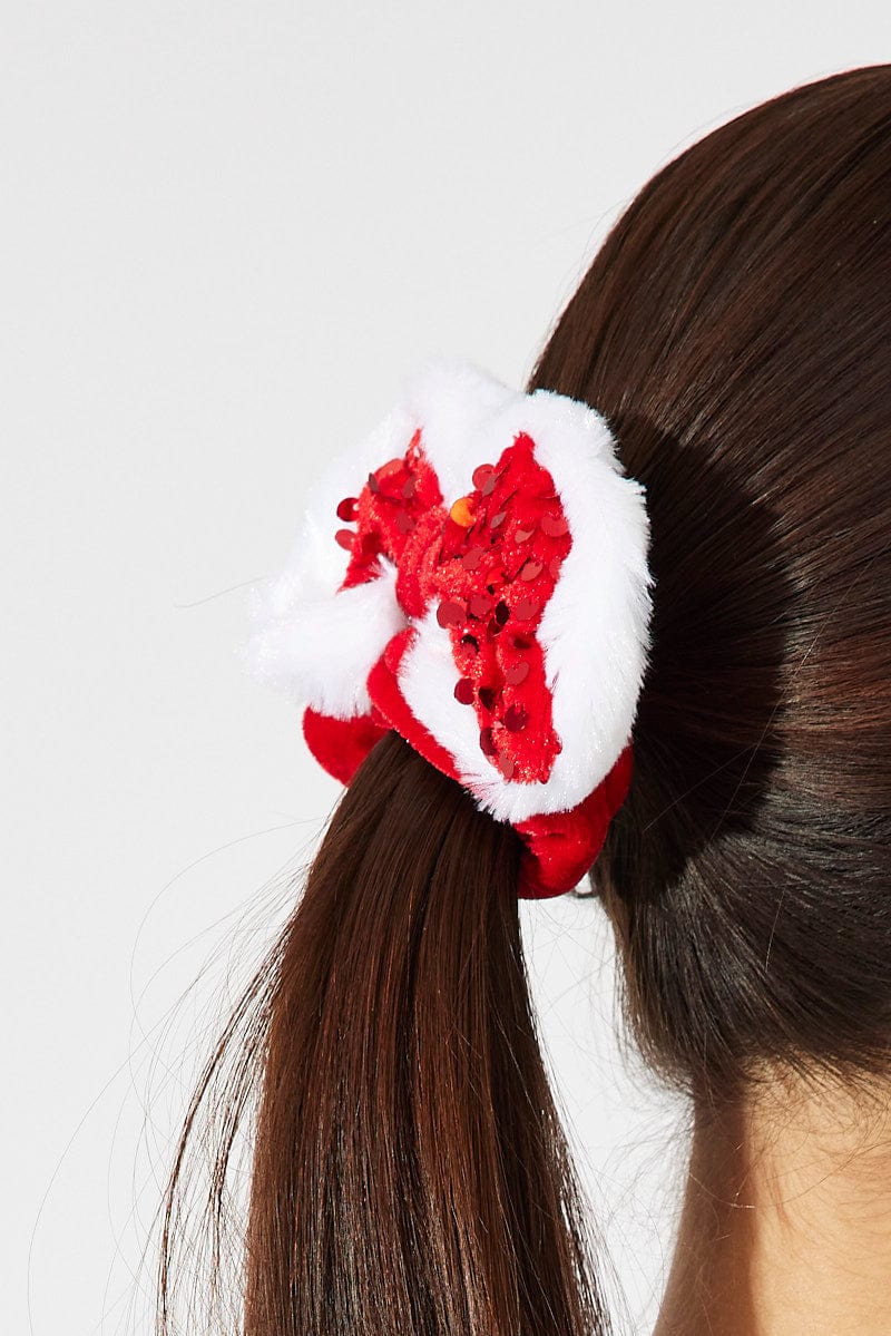 Red Faux Fur Bow Scrunchies