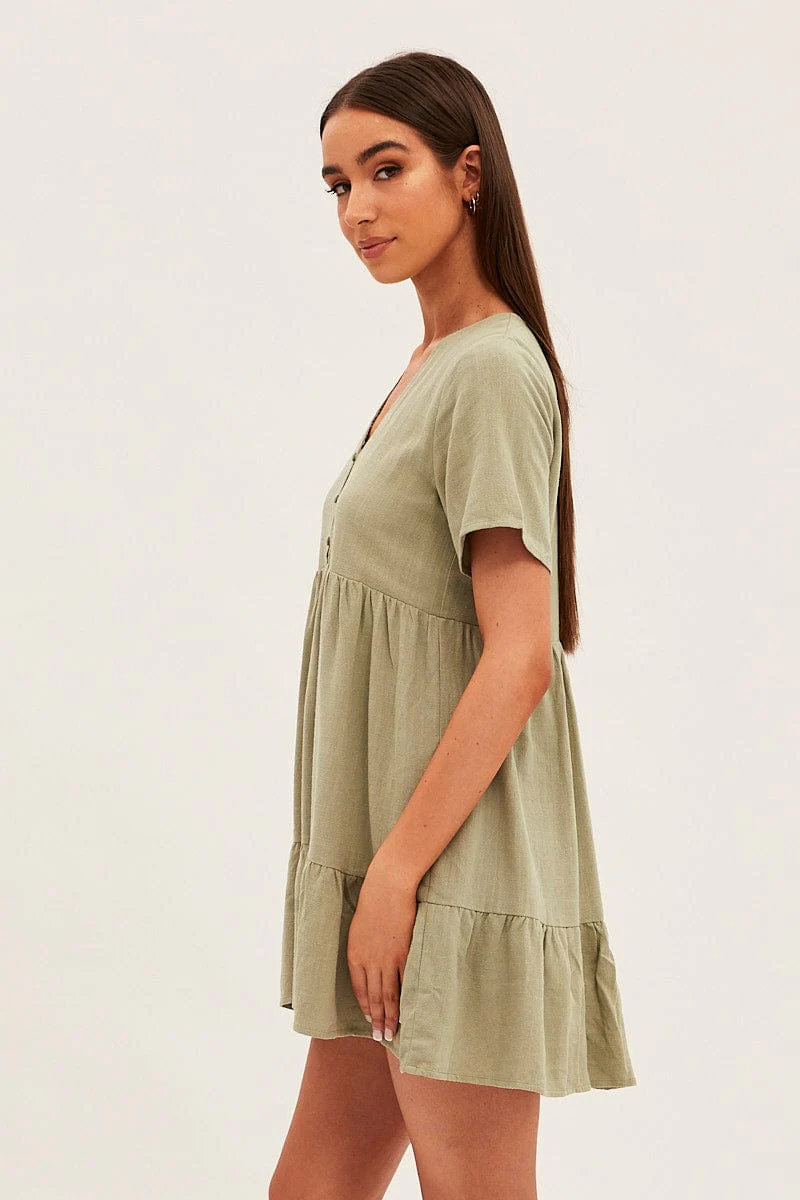 Green Smock Dress Short Sleeve V Neck Linen Blend