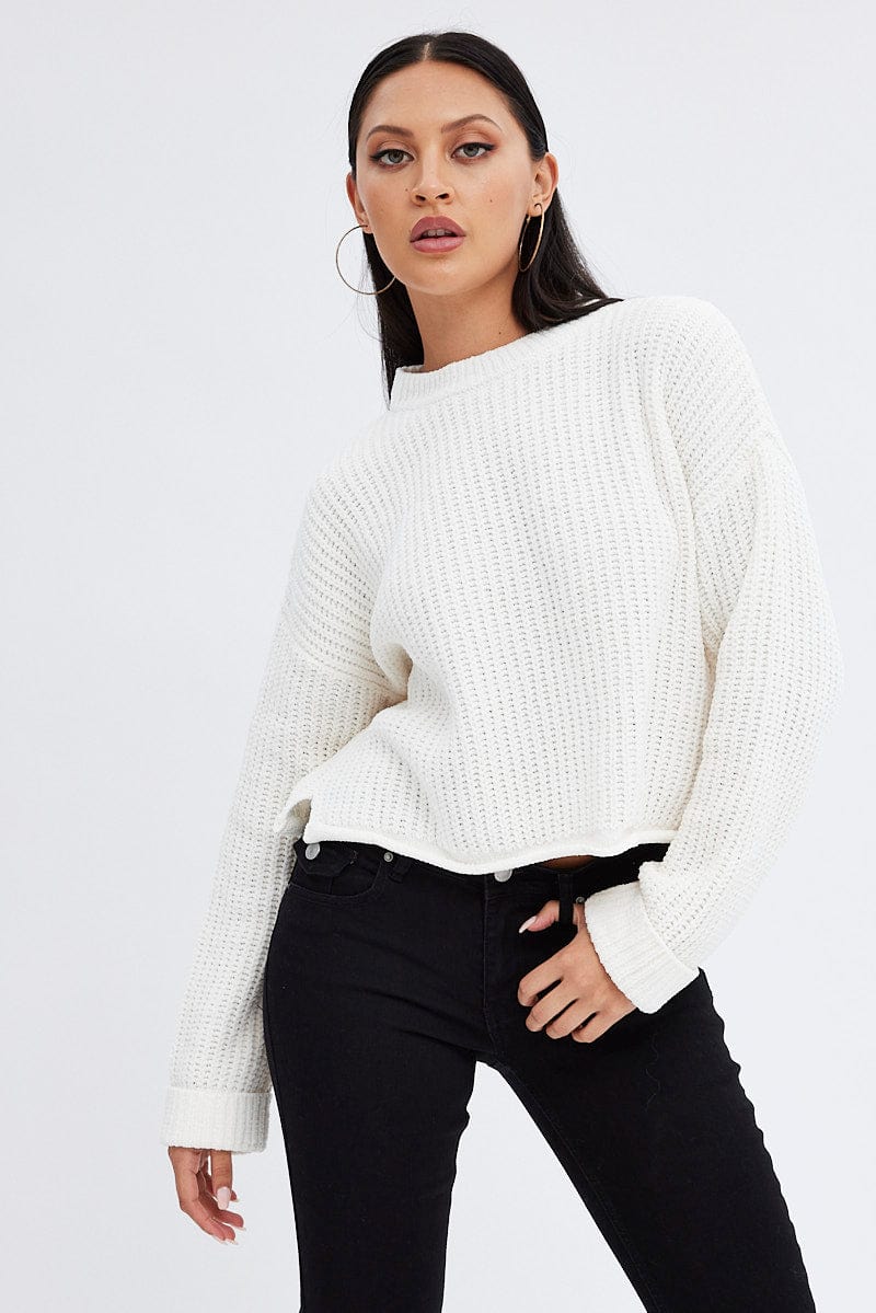White Knit Jumper Round Neck Chenille