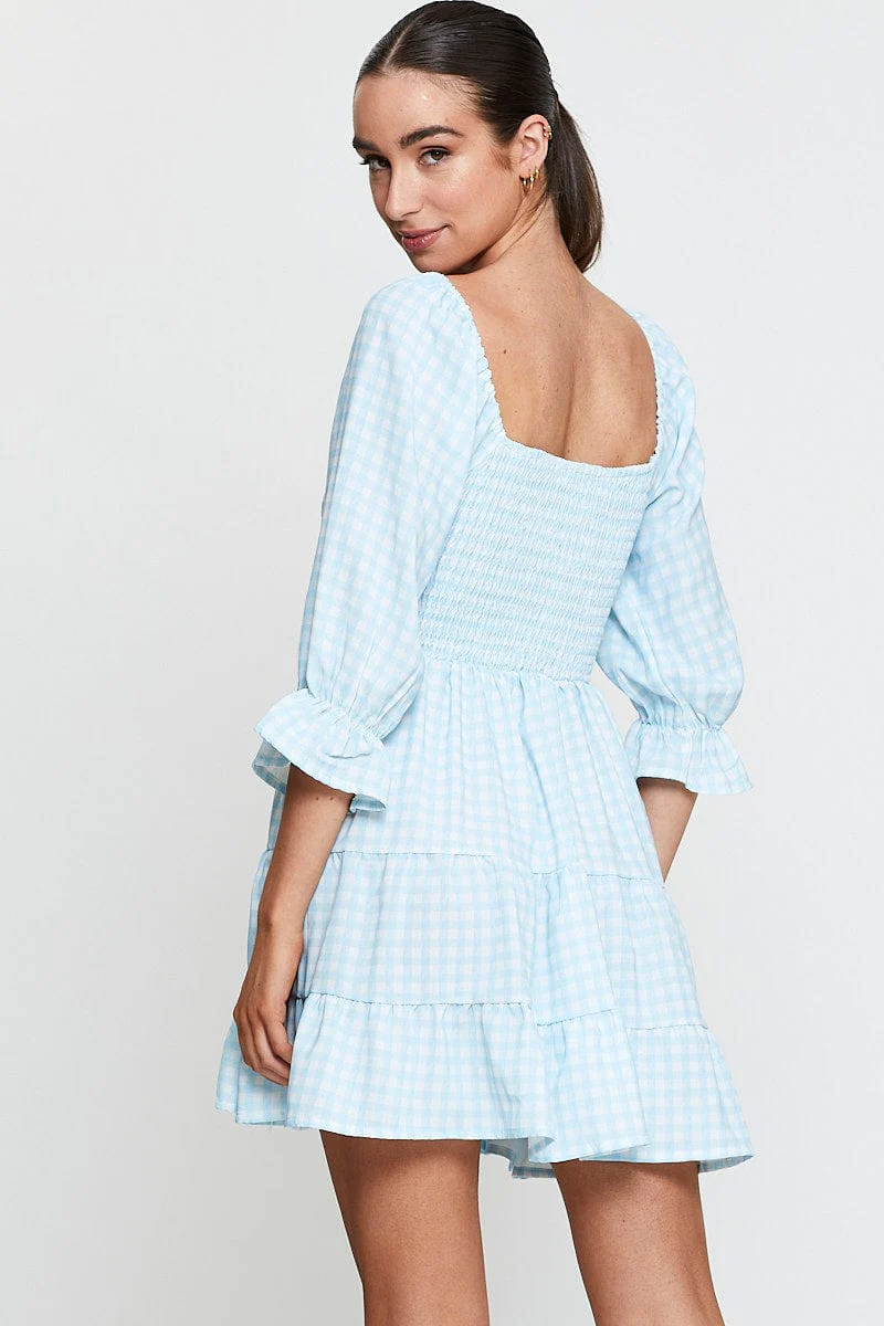 Check Fit And Flare Dress Long Sleeve Sweetheart Neck