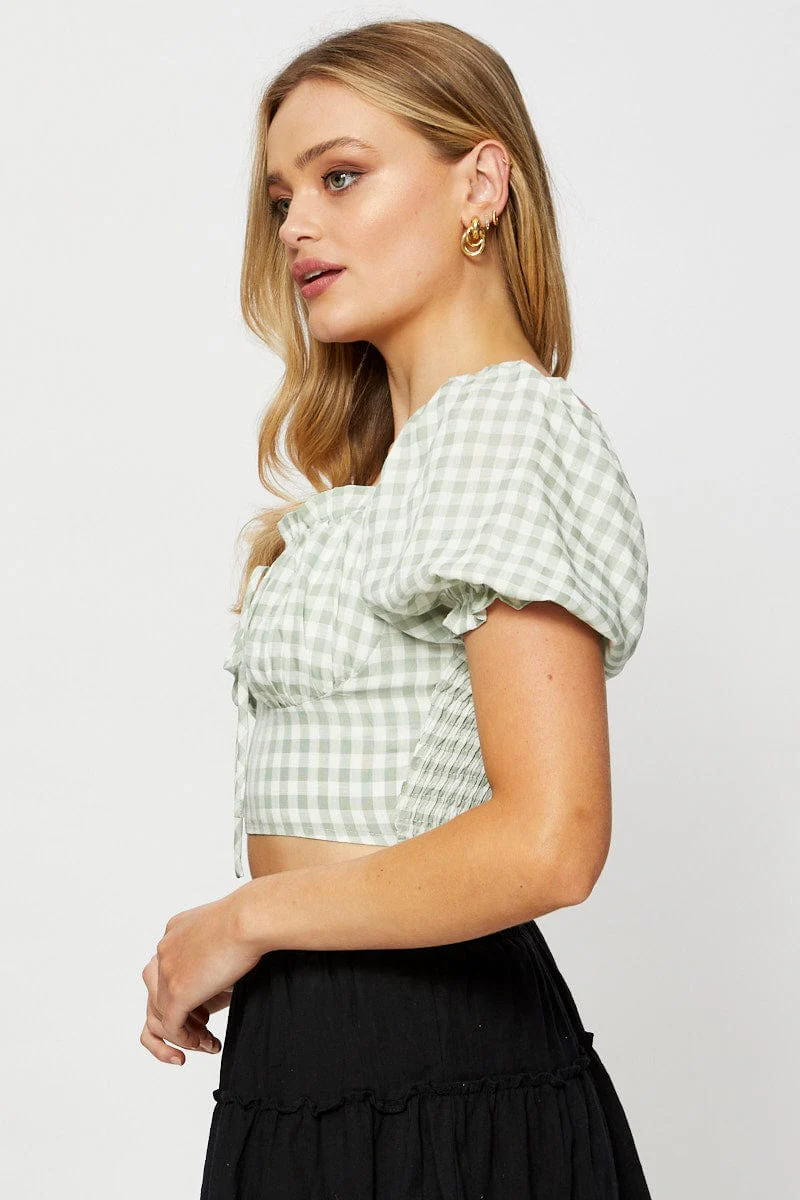 Check Crop Top Short Sleeve Tie Up