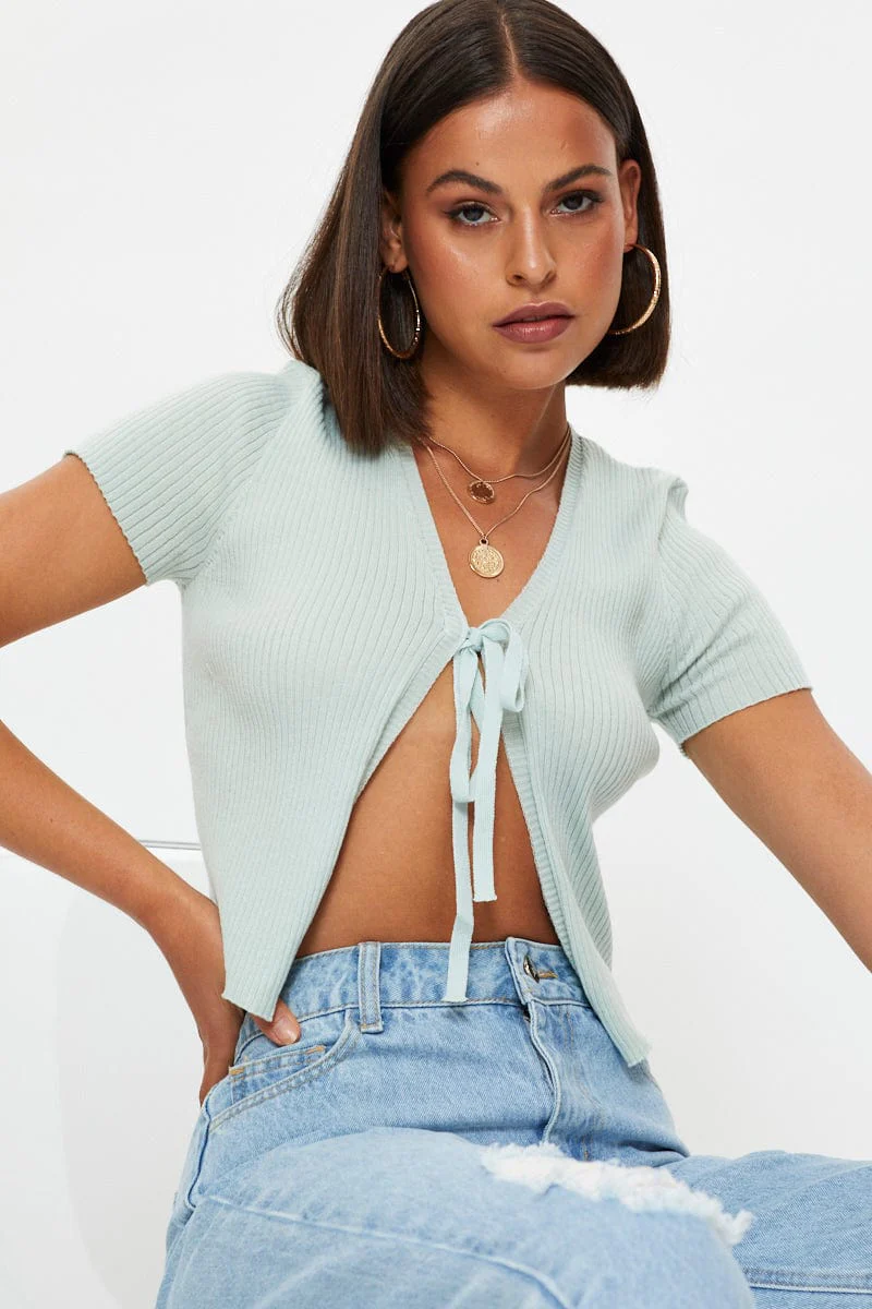 Green Short Sleeve Tie Up Cardigan