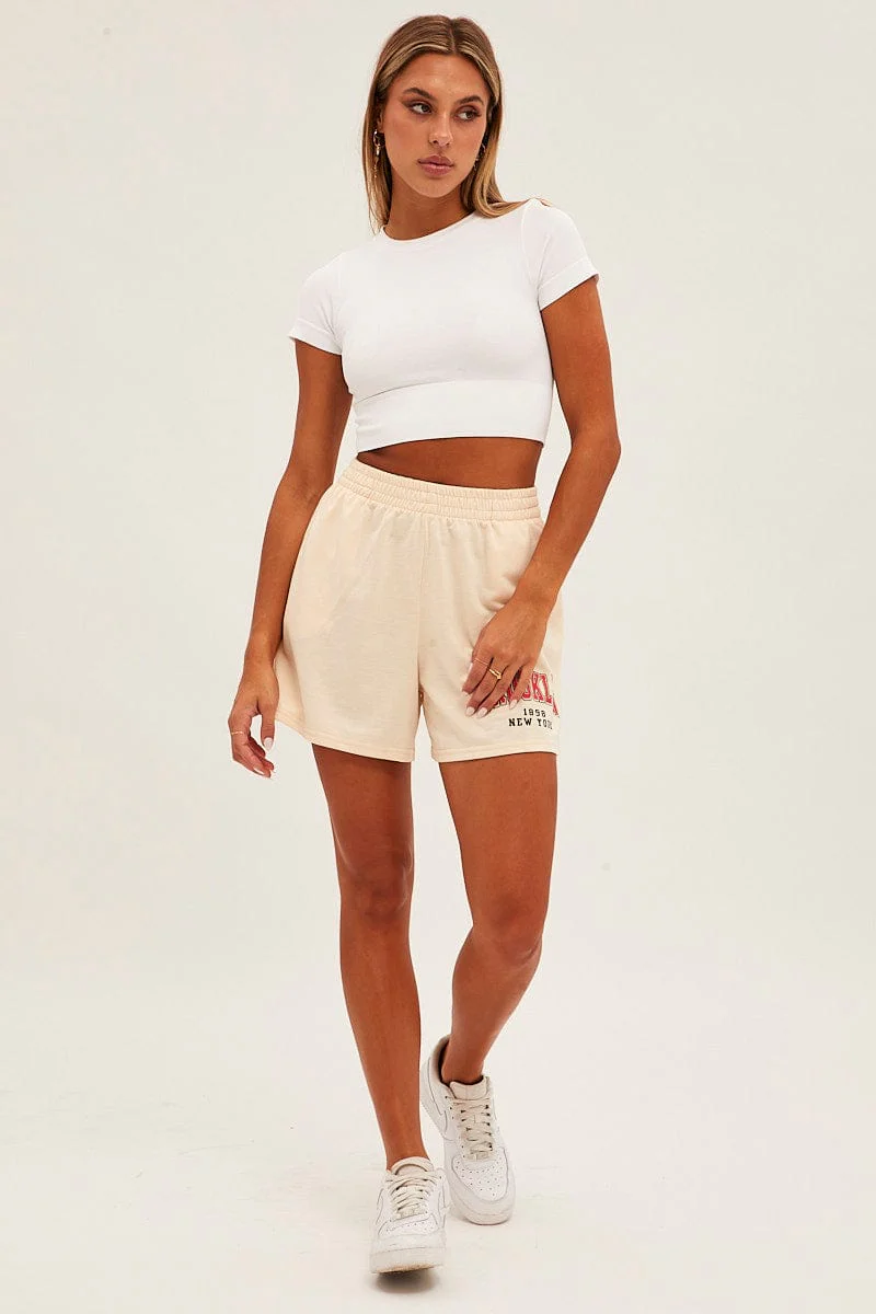 Beige Elastic Waist Biker Track Shorts