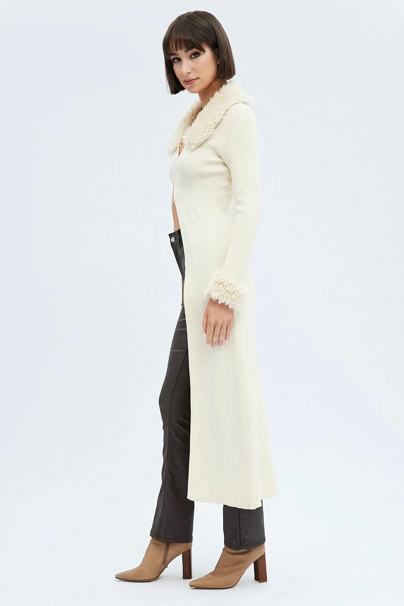 Camel Longline Knit Cardigan Faux Fur Trim Ribbed
