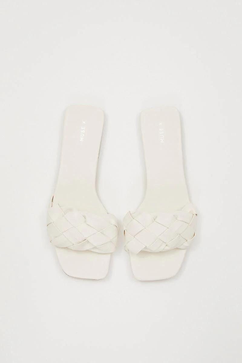 White Marissa Woven Faux Leather Mule Slide Sandal